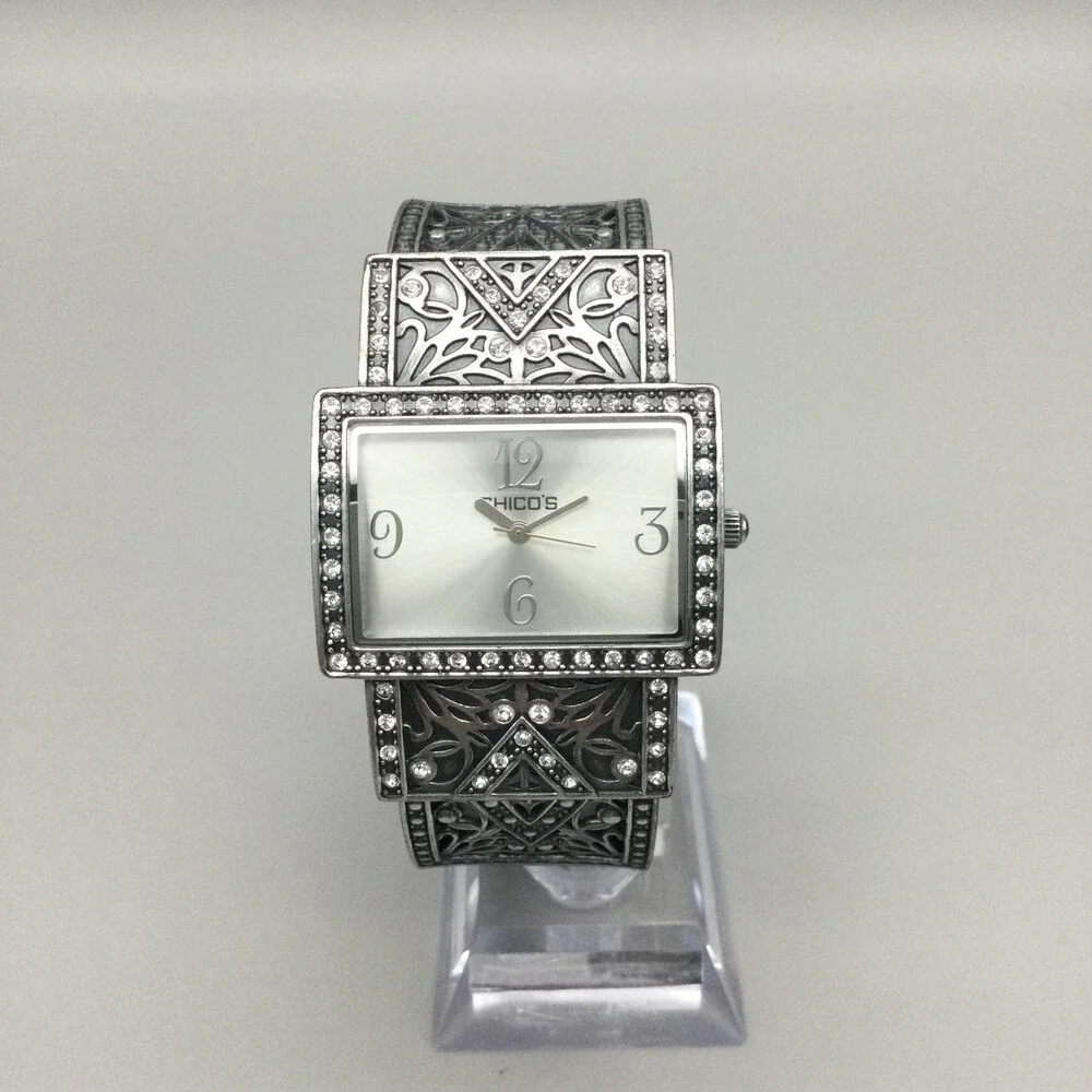 Chico's Womens Watch 34mm Silver Tone Crystals Bangle Dress New Battery - Picture 2 of 12